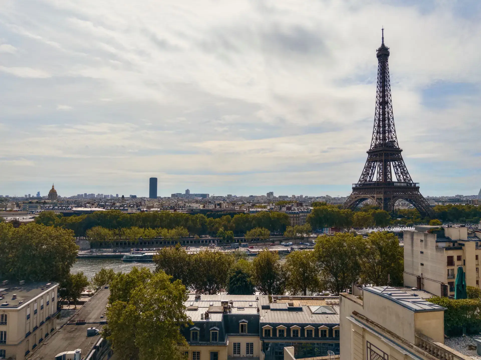View of the Eiffel Tower over the rooftops of Paris